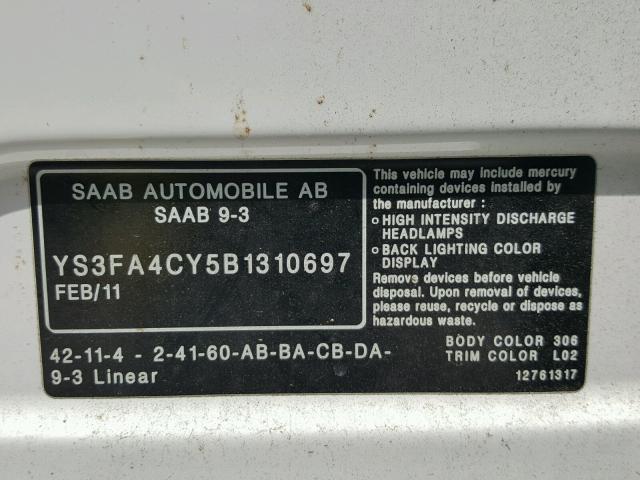 YS3FA4CY5B1310697 - 2011 SAAB 9-3 2.0T WHITE photo 10