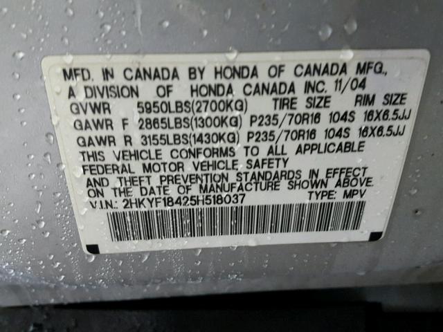 2HKYF18425H518037 - 2005 HONDA PILOT EX SILVER photo 10