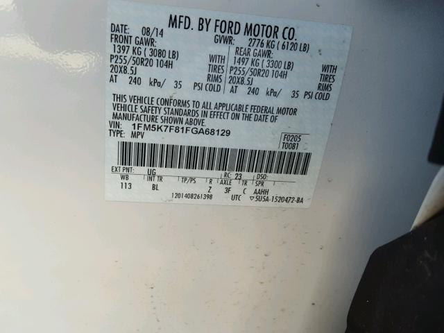 1FM5K7F81FGA68129 - 2015 FORD EXPLORER L WHITE photo 10