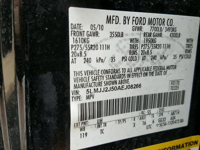 5LMJJ2J50AEJ08266 - 2010 LINCOLN NAVIGATOR შავი ფოტო 10