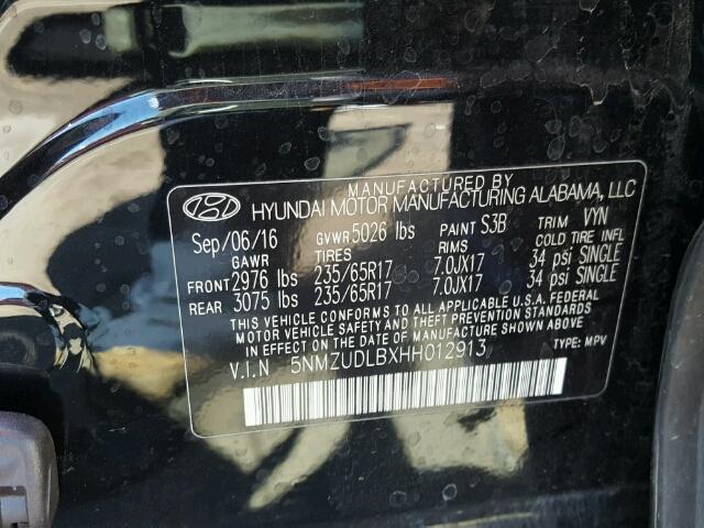 5NMZUDLBXHH012913 - 2017 HYUNDAI SANTA FE S 黑色 照片 10