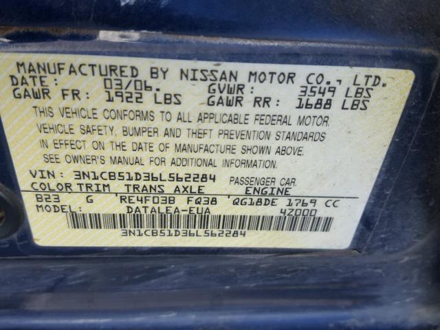 3N1CB51D36L562284 - 2006 NISSAN SENTRA BLUE photo 10