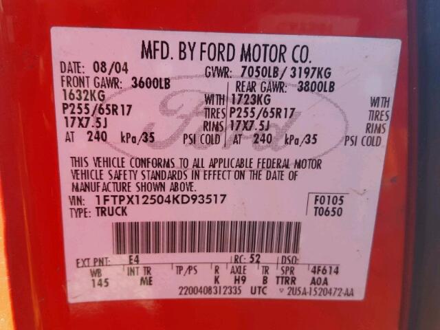 1FTPX12504KD93517 - 2004 FORD F150 RED photo 10