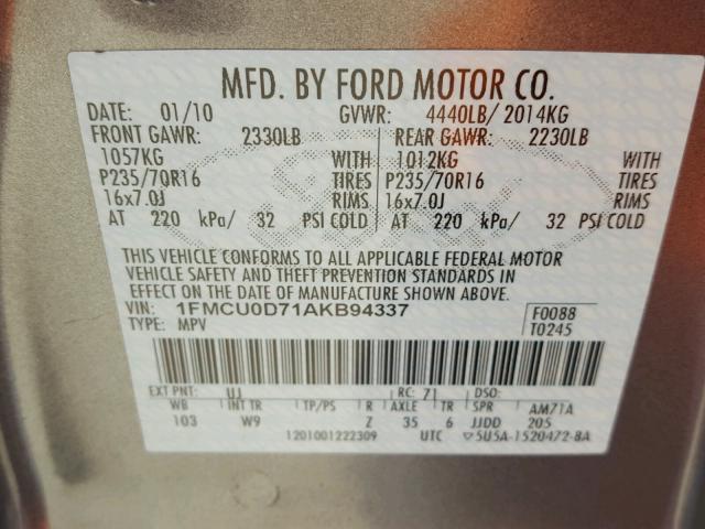 1FMCU0D71AKB94337 - 2010 FORD ESCAPE XLT SILVER photo 10