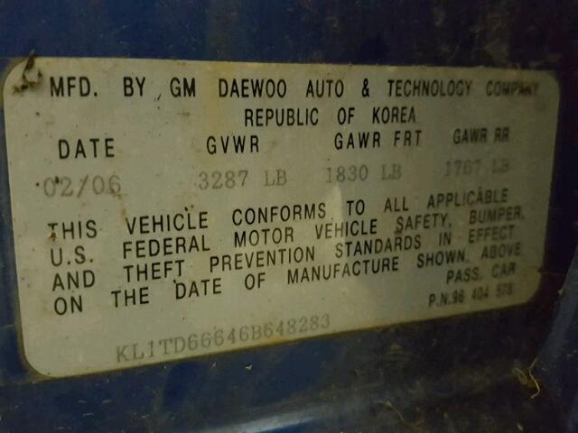 KL1TD66646B648283 - 2006 CHEVROLET AVEO BASE Կապույտ լուսանկար 10