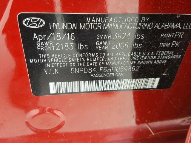 5NPD84LF6HH059862 - 2017 HYUNDAI ELANTRA SE RED photo 10