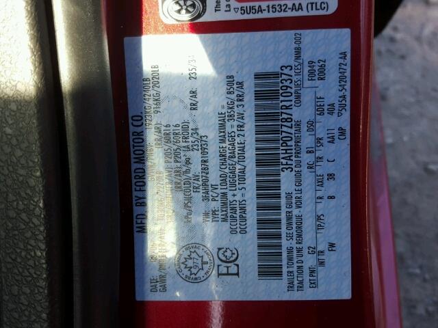 3FAHP07Z87R109373 - 2007 FORD FUSION SE RED photo 10