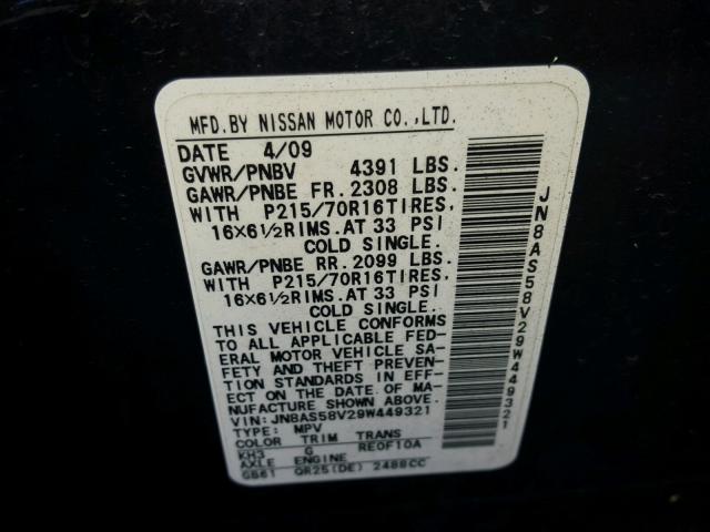 JN8AS58V29W449321 - 2009 NISSAN ROGUE BLACK photo 10