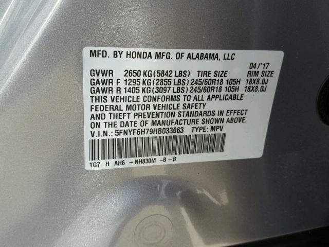 5FNYF6H79HB033663 - 2017 HONDA PILOT EXLN SILVER photo 10