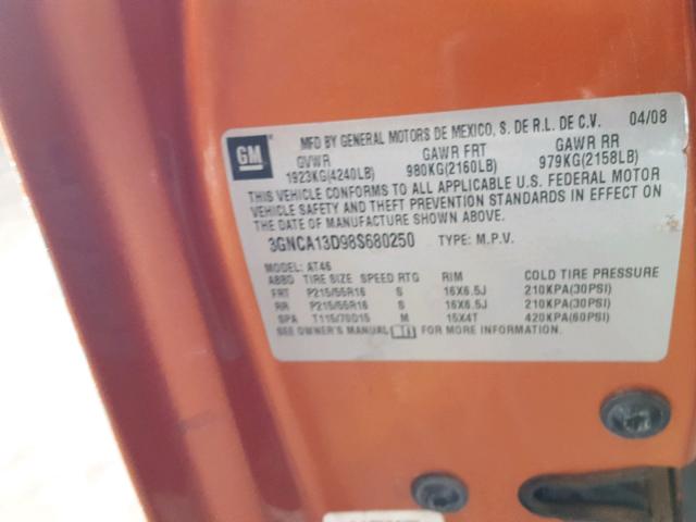 3GNCA13D98S680250 - 2008 CHEVROLET HHR LS ნარინჯისფერი ფოტო 10