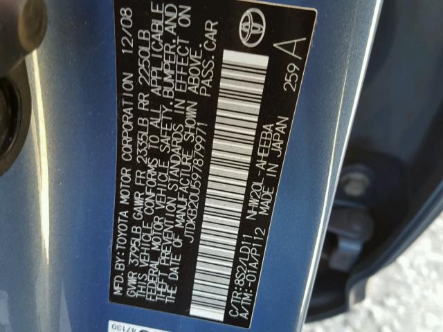 JTDKB20U597879971 - 2009 TOYOTA PRIUS BLUE photo 10