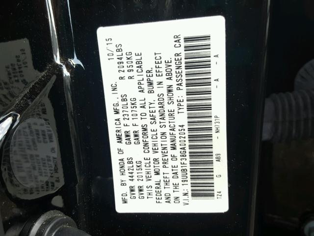 19UUB1F38GA002054 - 2016 ACURA TLX BLACK photo 10