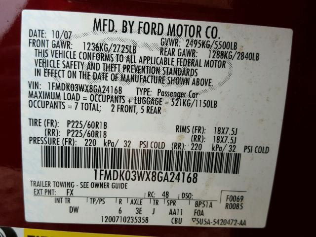 1FMDK03WX8GA24168 - 2008 FORD TAURUS X RED photo 10