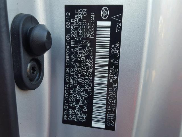 JTKJF5C74D3054651 - 2013 TOYOTA SCION TC 银色 照片 10