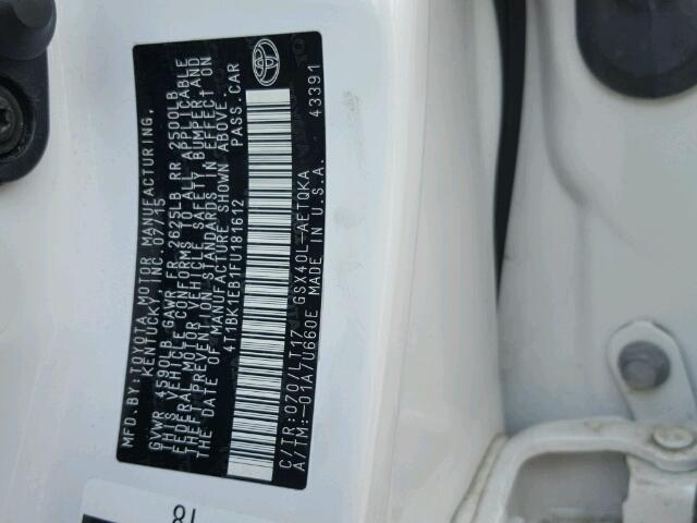 4T1BK1EB1FU181612 - 2015 TOYOTA AVALON XLE WHITE photo 10