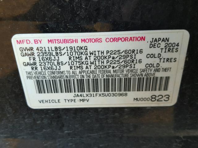 JA4LX31FX5U030968 - 2005 MITSUBISHI OUTLANDER BLACK photo 10