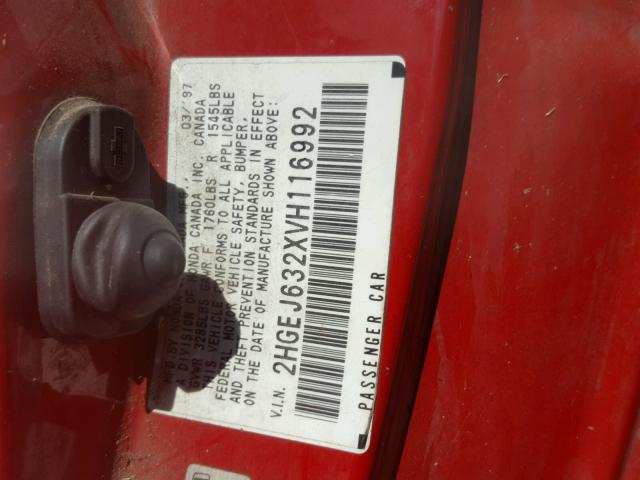 2HGEJ632XVH116992 - 1997 HONDA CIVIC CX RED photo 10