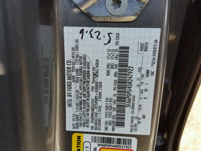 3FA6P0PU4DR247922 - 2013 FORD FUSION SE GRAY photo 10