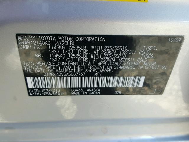 JTMRK4DV5A5087767 - 2010 TOYOTA RAV4 SPORT SILVER photo 10