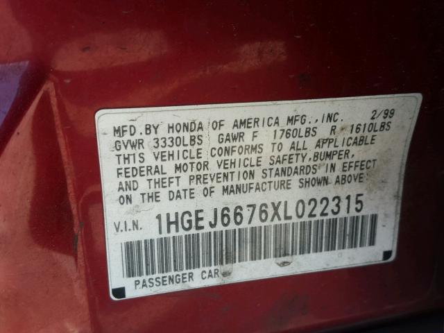 1HGEJ6676XL022315 - 1999 HONDA CIVIC LX RED photo 10