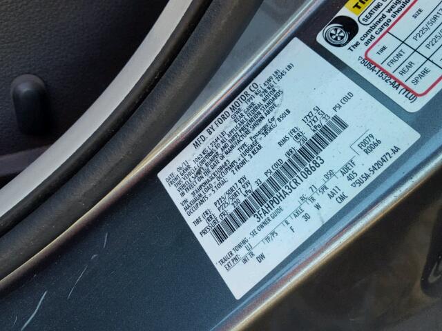 3FAHP0HA3CR108683 - 2012 FORD FUSION GRAY photo 10