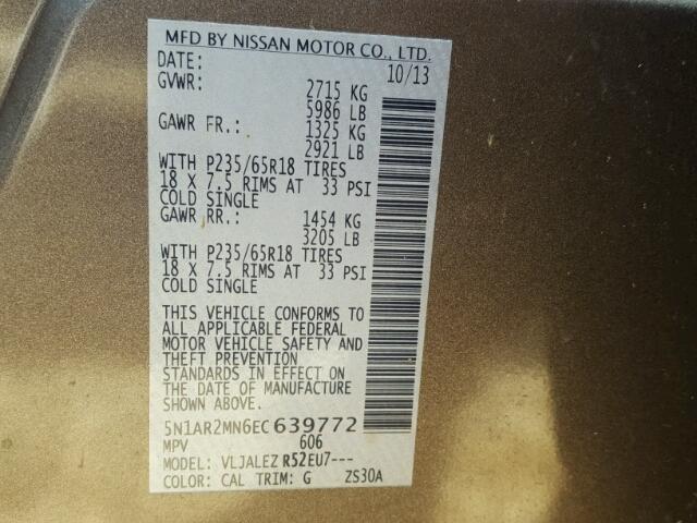 5N1AR2MN6EC639772 - 2014 NISSAN PATHFINDER GRAY photo 10