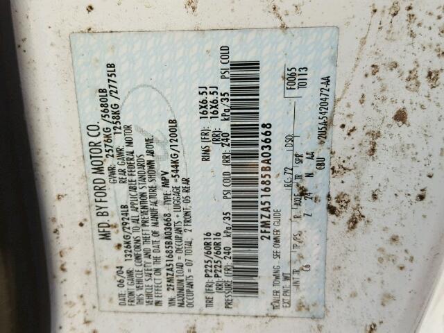 2FMZA51685BA03668 - 2005 FORD FREESTAR S WHITE photo 10