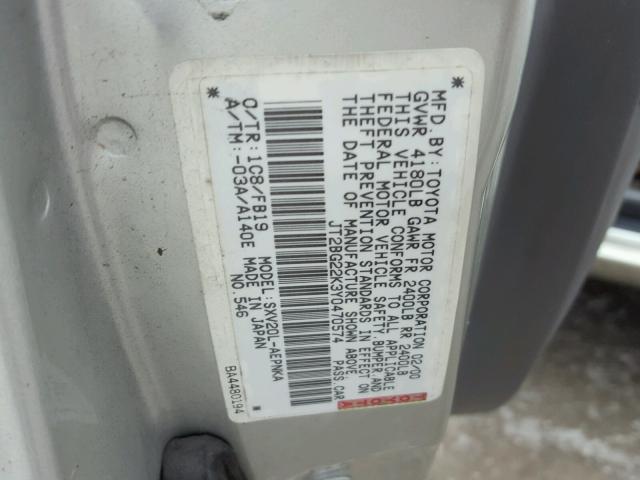 JT2BG22K3Y0470574 - 2000 TOYOTA CAMRY CE SILVER photo 10