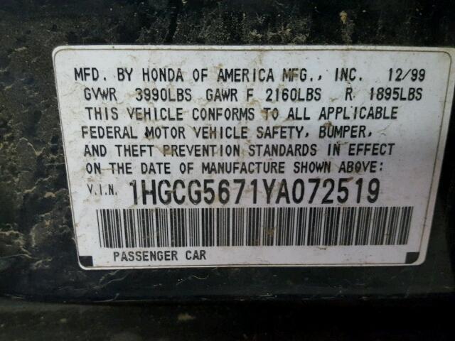 1HGCG5671YA072519 - 2000 HONDA ACCORD SE GREEN photo 10