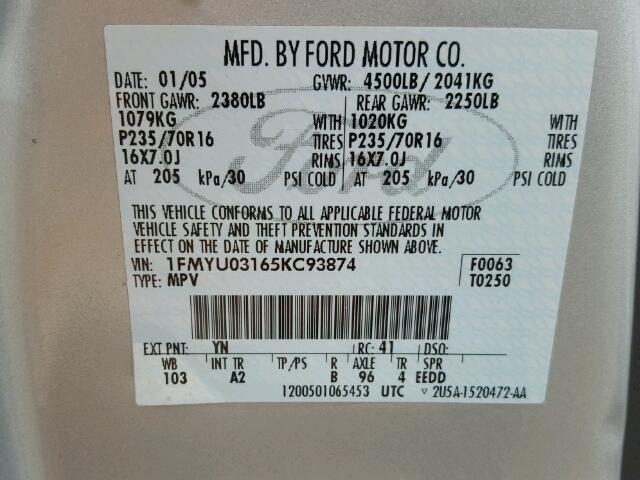 1FMYU03165KC93874 - 2005 FORD ESCAPE GRAY photo 10