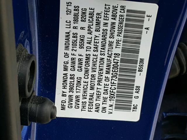 19XFC1F73GE004718 - 2016 HONDA CIVIC EXL BLUE photo 10