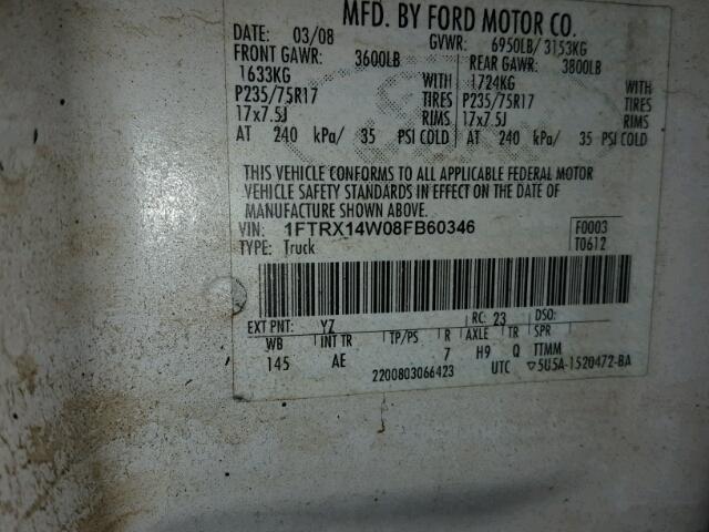 1FTRX14W08FB60346 - 2008 FORD F150 WHITE photo 10