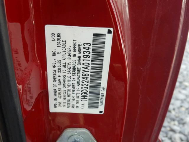 1HGCG2248YA019343 - 2000 HONDA ACCORD LX RED photo 10