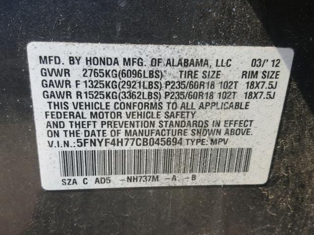 5FNYF4H77CB045694 - 2012 HONDA PILOT EXLN GRAY photo 10