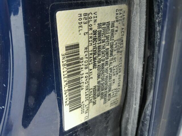 3N1BC11EX9L364462 - 2009 NISSAN VERSA BLUE photo 10