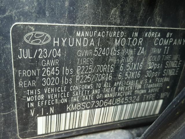 KM8SC73D64U845324 - 2004 HYUNDAI SANTA FE G BLUE photo 10