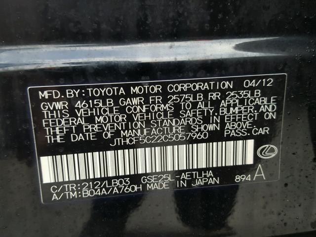 JTHCF5C22C5057960 - 2012 LEXUS IS 250 BLACK photo 10