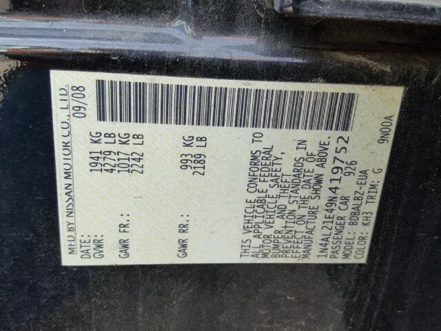 1N4AL21E49N419752 - 2009 NISSAN ALTIMA BLACK photo 10