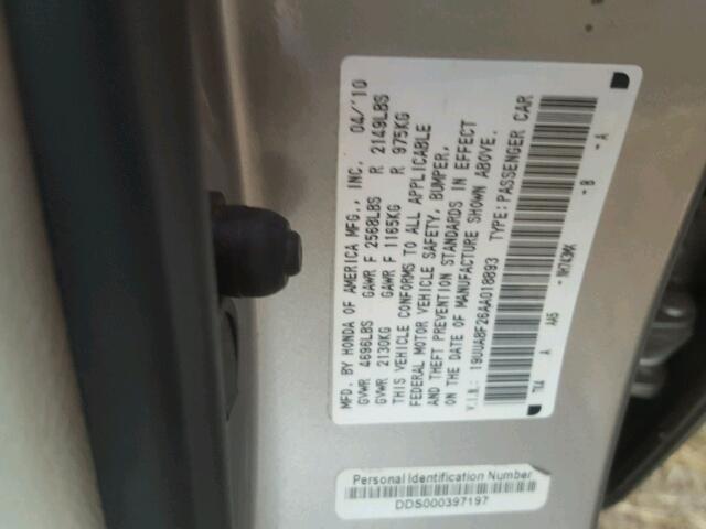 19UUA8F26AA018893 - 2010 ACURA TL GRAY photo 10