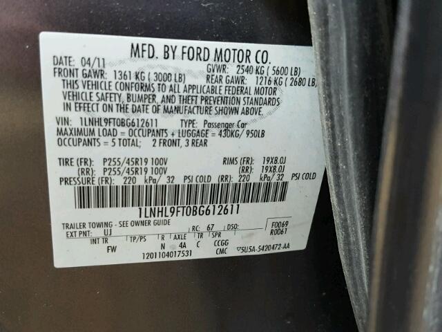 1LNHL9FT0BG612611 - 2011 LINCOLN MKS GRAY photo 10