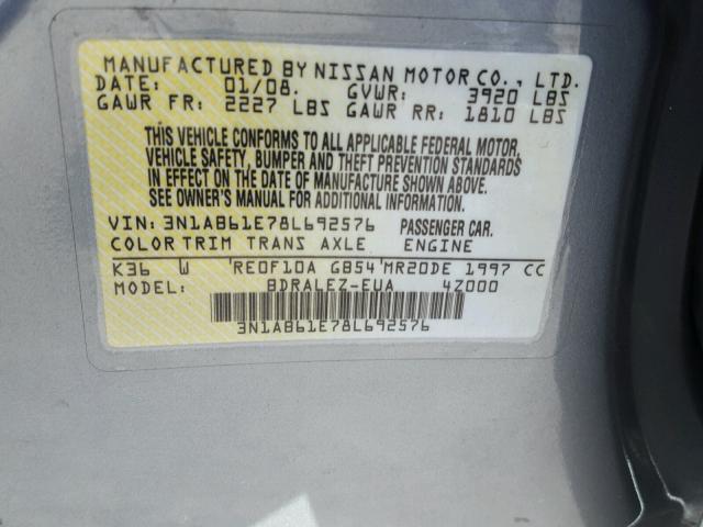 3N1AB61E78L692576 - 2008 NISSAN SENTRA 2.0 GRAY photo 10