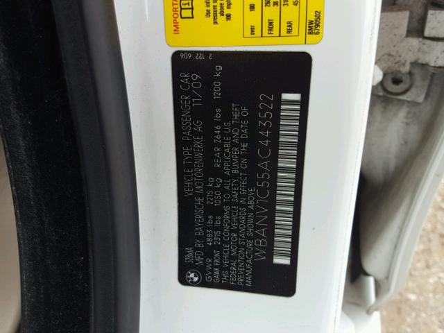 WBANV1C55AC443522 - 2010 BMW 528 XI WHITE photo 10