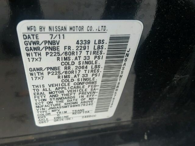 JN8AS5MT9BW576240 - 2011 NISSAN ROGUE BLACK photo 10