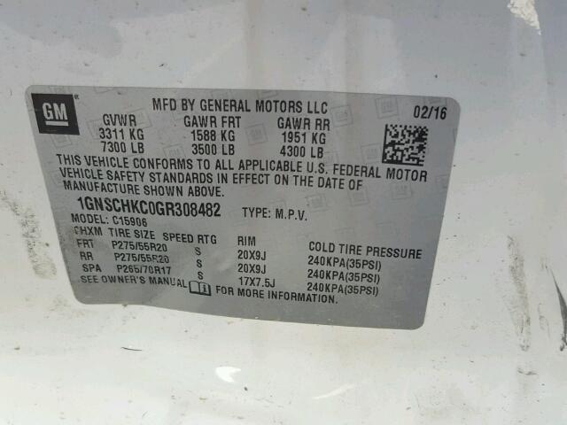 1GNSCHKC0GR308482 - 2016 CHEVROLET SUBURBAN C WHITE photo 10