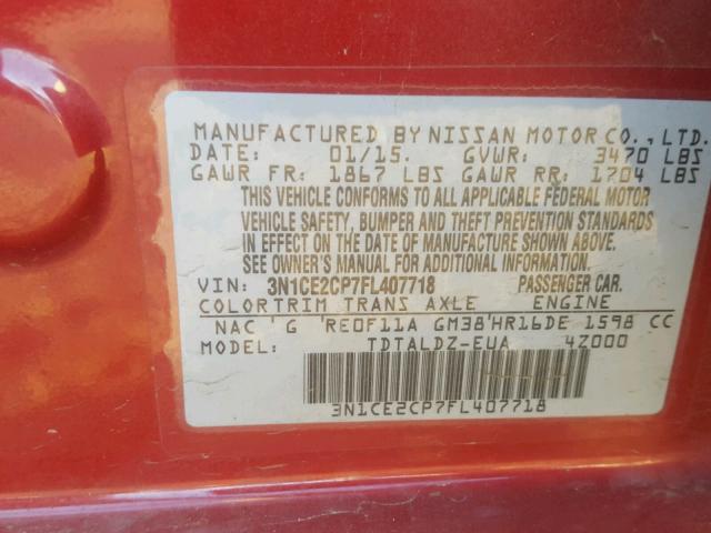 3N1CE2CP7FL407718 - 2015 NISSAN VERSA NOTE RED photo 10