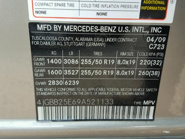 4JGBB25E69A521133 - 2009 MERCEDES-BENZ ML GRAY photo 10