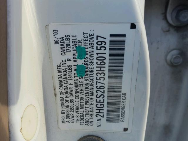 2HGES26753H601597 - 2003 HONDA CIVIC EX WHITE photo 10