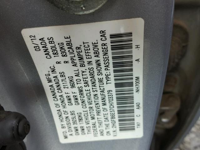 2HGFB6E57CH703379 - 2012 HONDA CIVIC SI SILVER photo 10