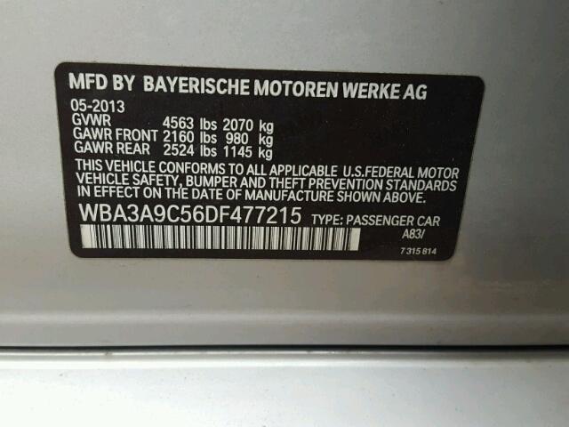 WBA3A9C56DF477215 - 2013 BMW 335 SILVER photo 10