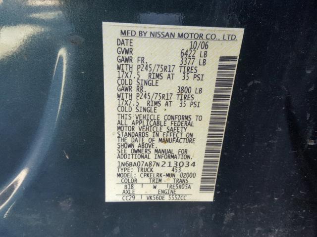 1N6BA07A87N213034 - 2007 NISSAN TITAN BLUE photo 10